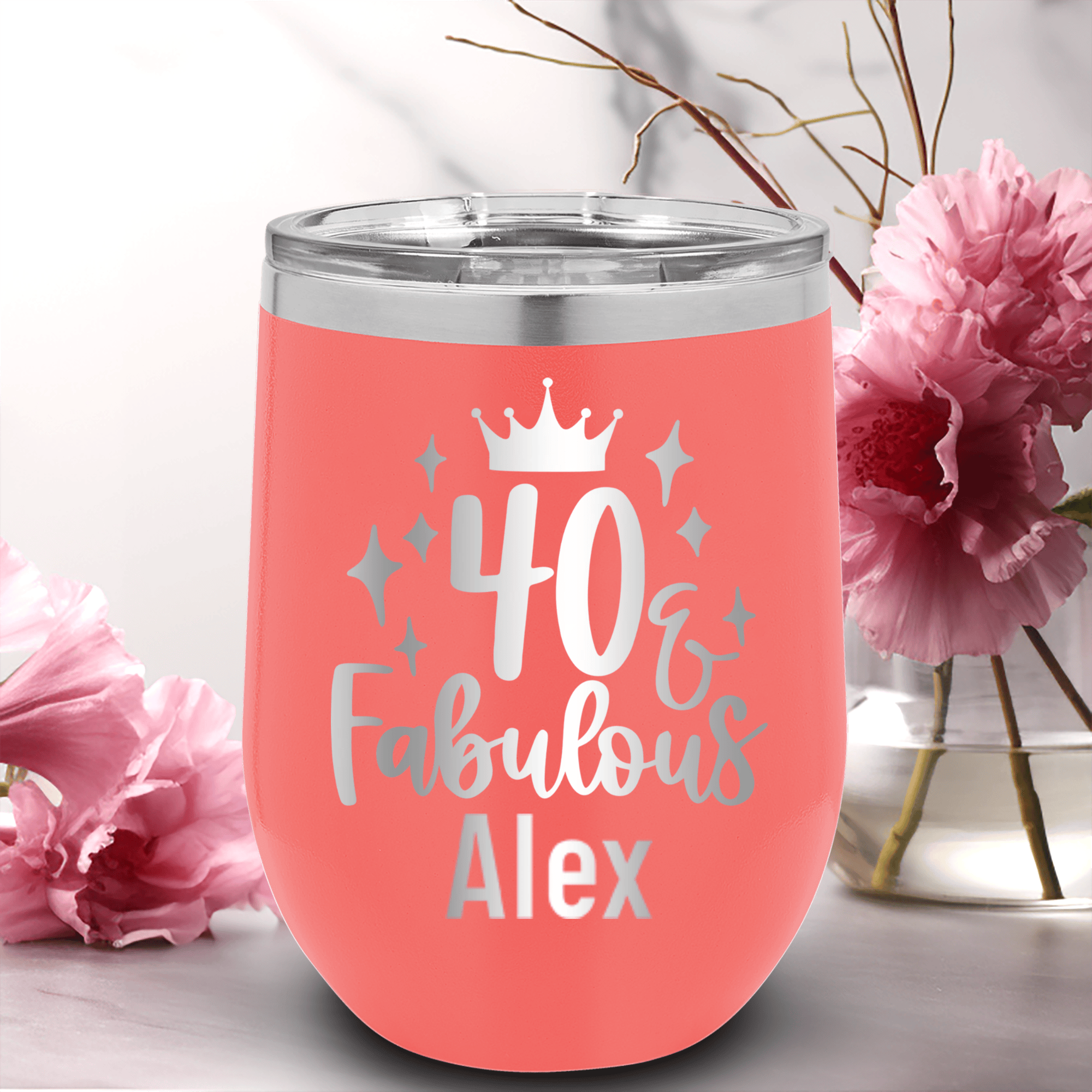 Salmon Birthday Wine Tumbler With 40 And Fabulous Crown Design