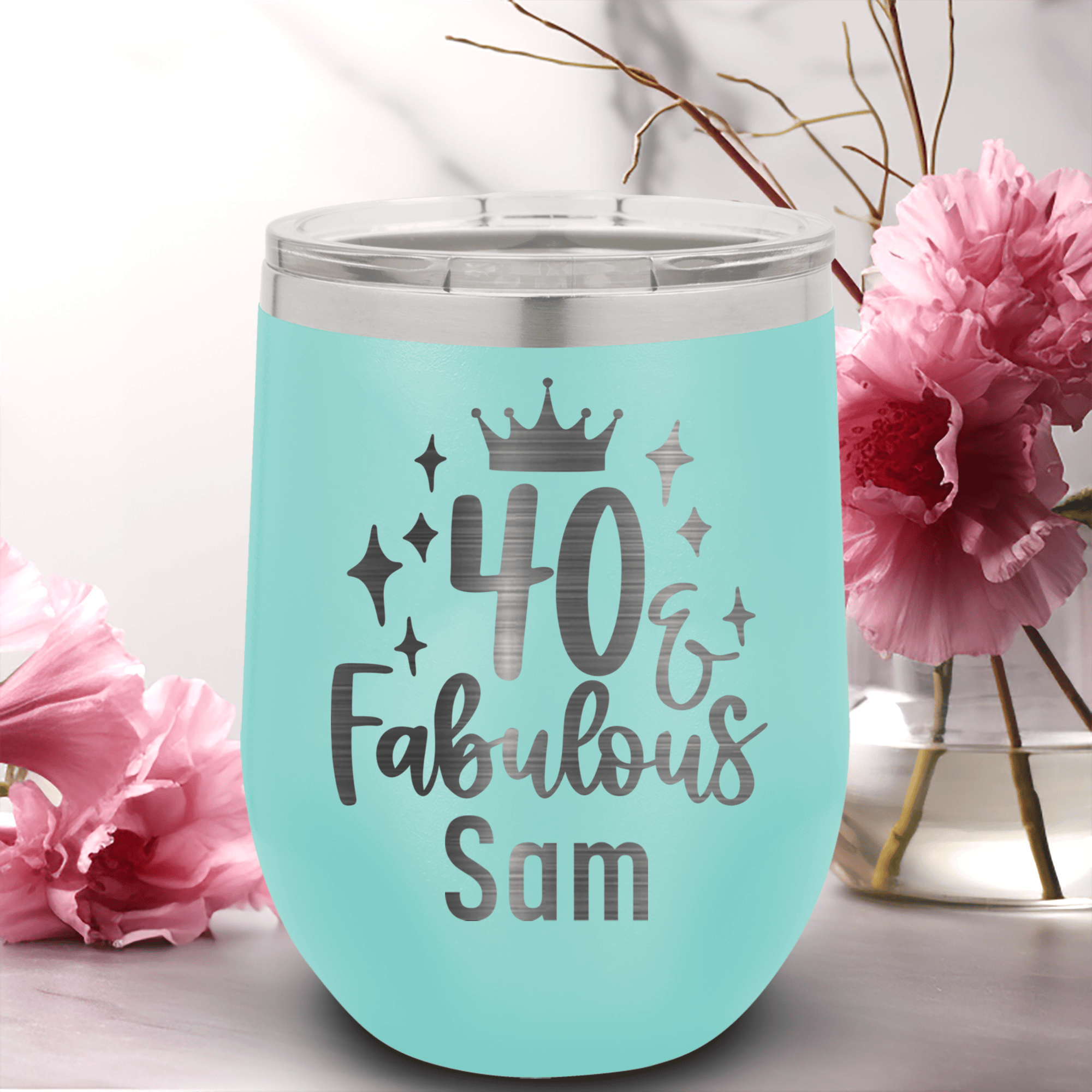 Teal Birthday Wine Tumbler With 40 And Fabulous Crown Design