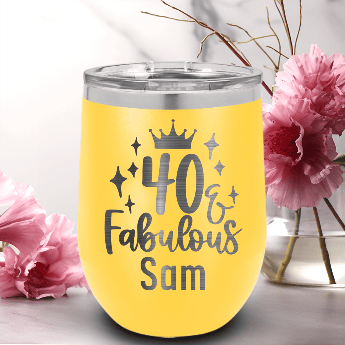 Yellow Birthday Wine Tumbler With 40 And Fabulous Crown Design