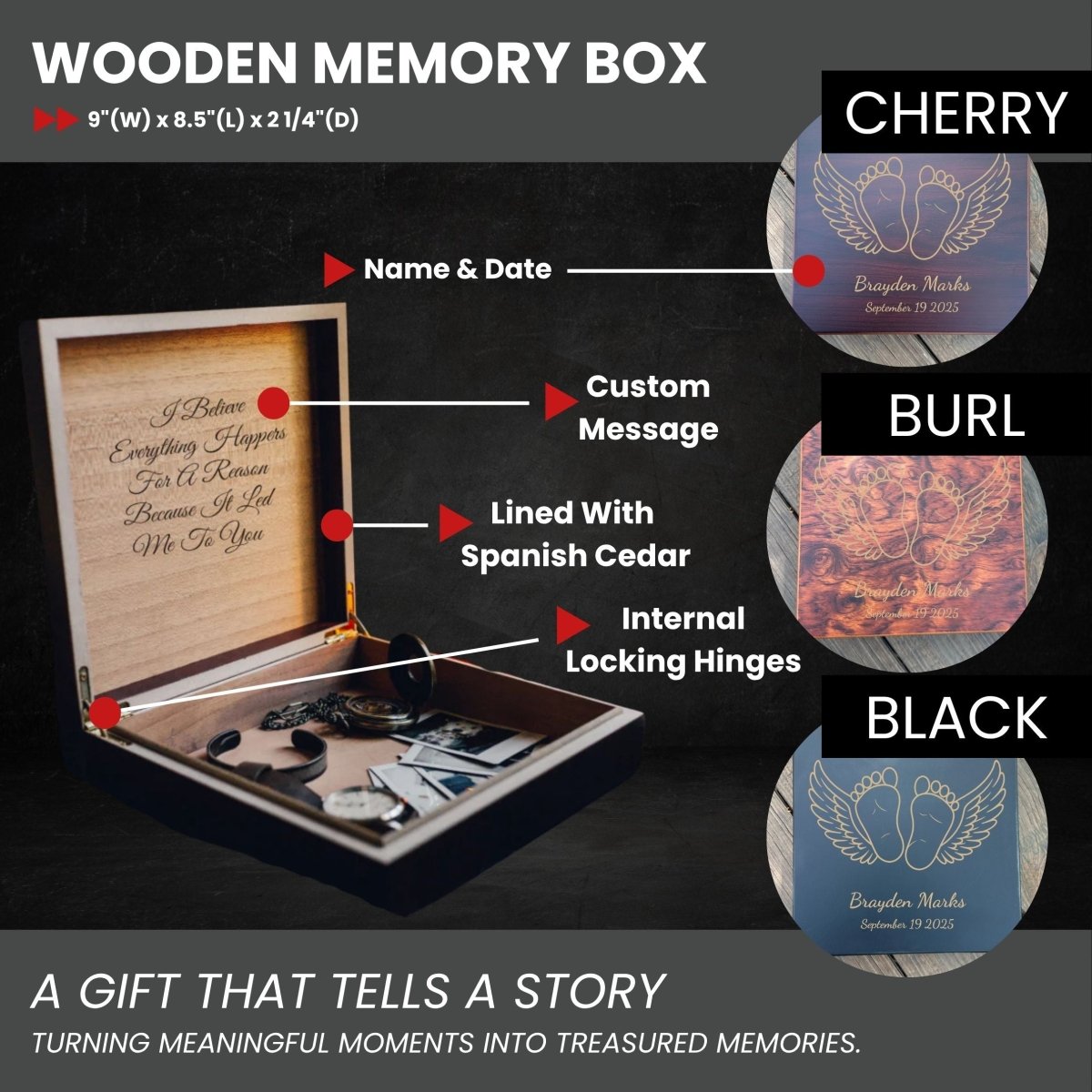 Custom miscarriage memory box with baby name, angel wings, and heartfelt message