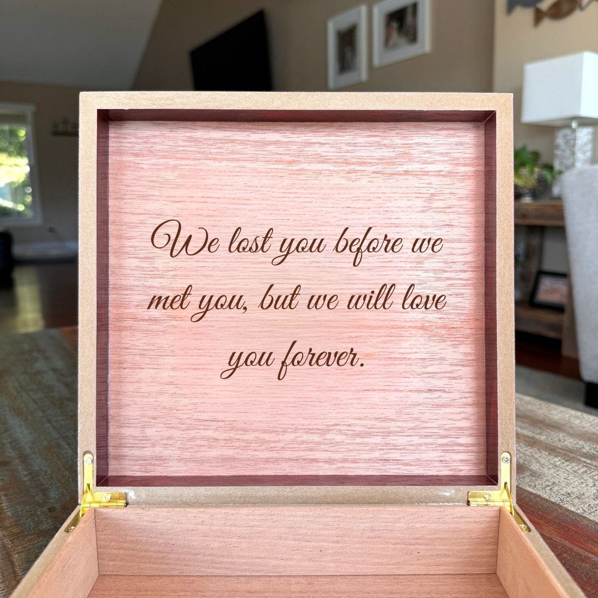 Custom miscarriage memory box with baby name, angel wings, and heartfelt message