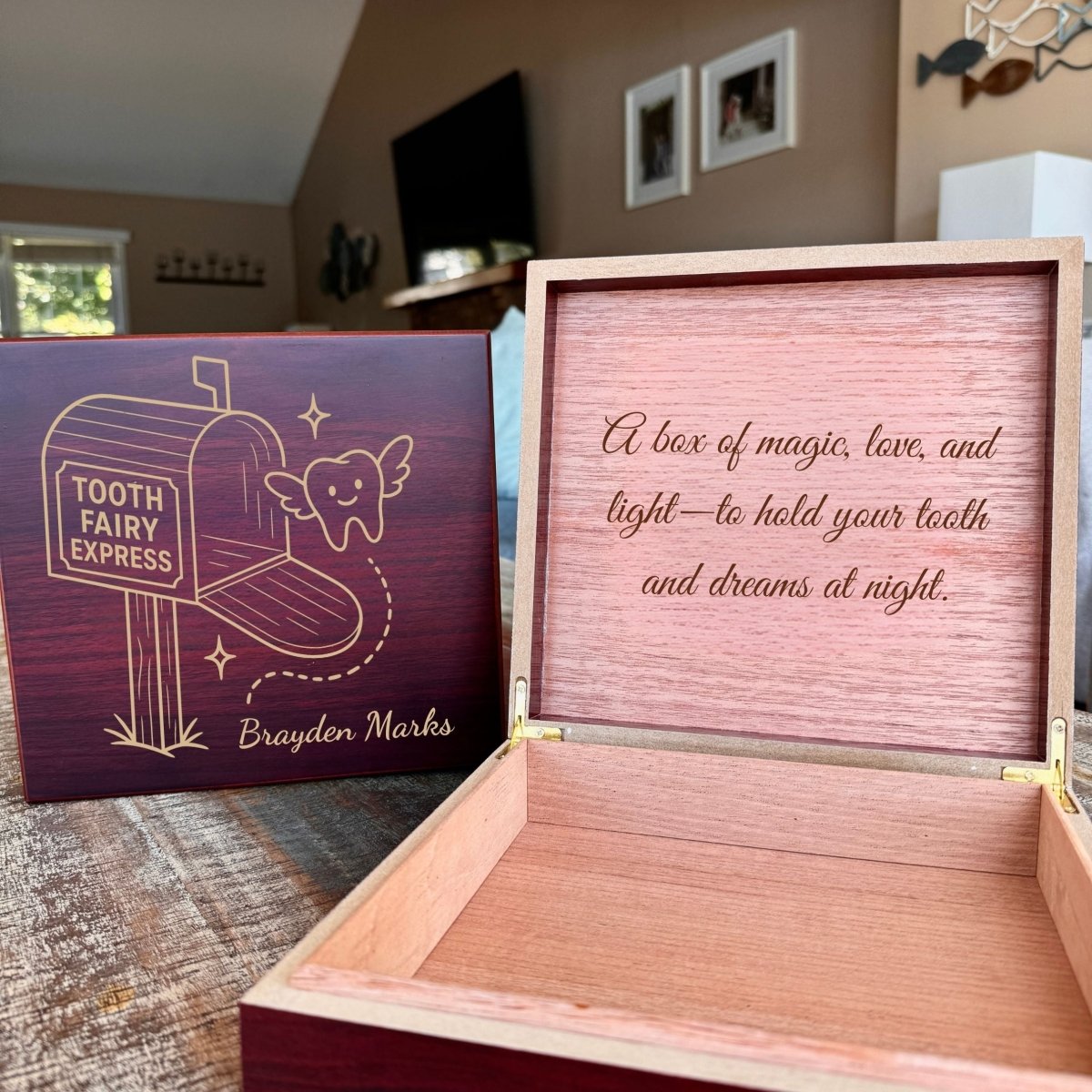 Personalized wooden Tooth Fairy Keepsake Box for children, featuring engraved name, custom message, and charming fairy-themed design