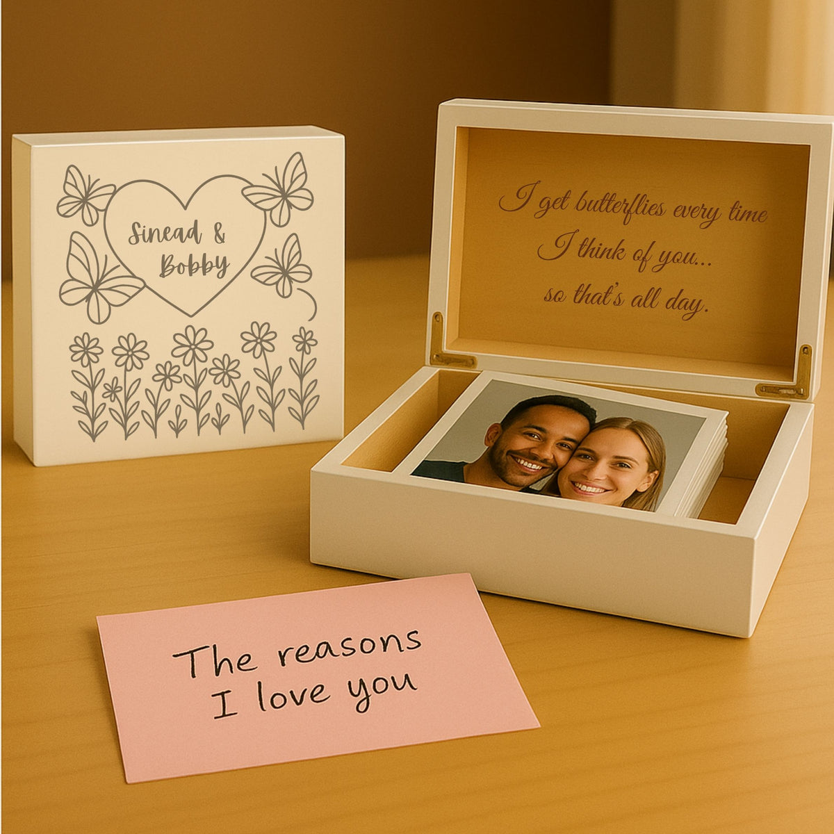 Custom Love Keepsake Box with Personalized Engraving in White, Teal, or Cherry Finish