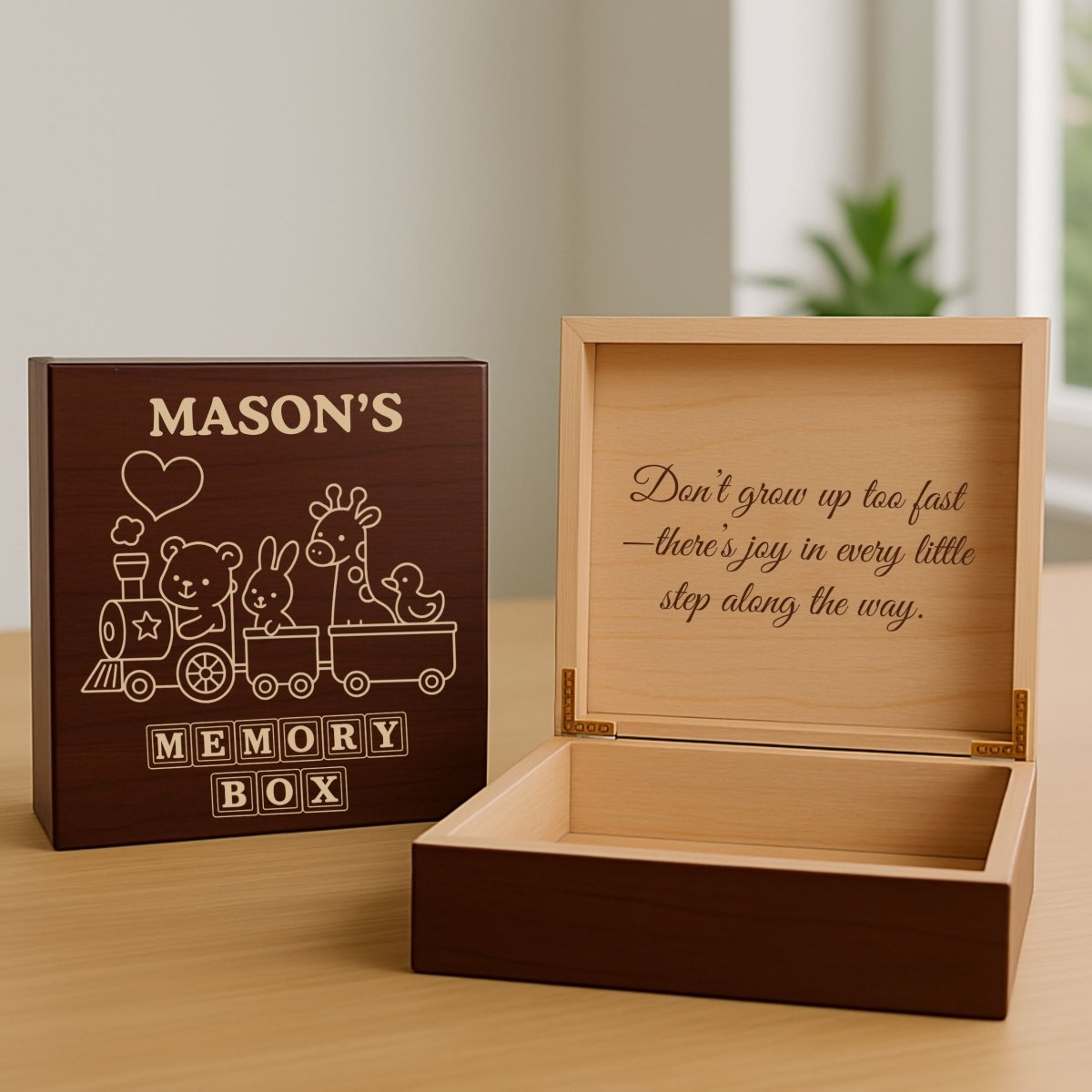 Personalized wooden memory box for kids with custom name and message