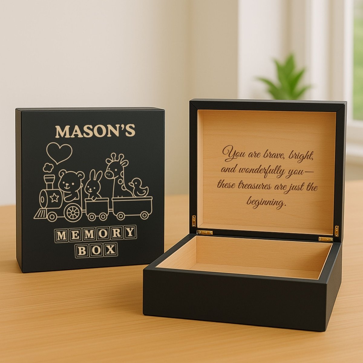 Personalized wooden memory box for kids with custom name and message