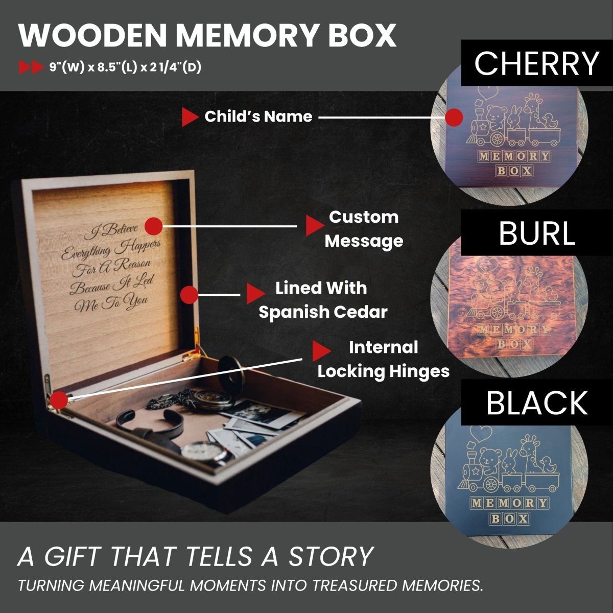 Personalized wooden memory box for kids with custom name and message