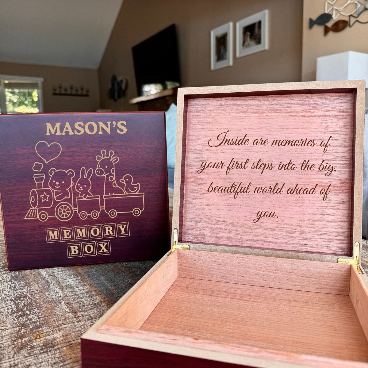 Personalized wooden memory box for kids with custom name and message