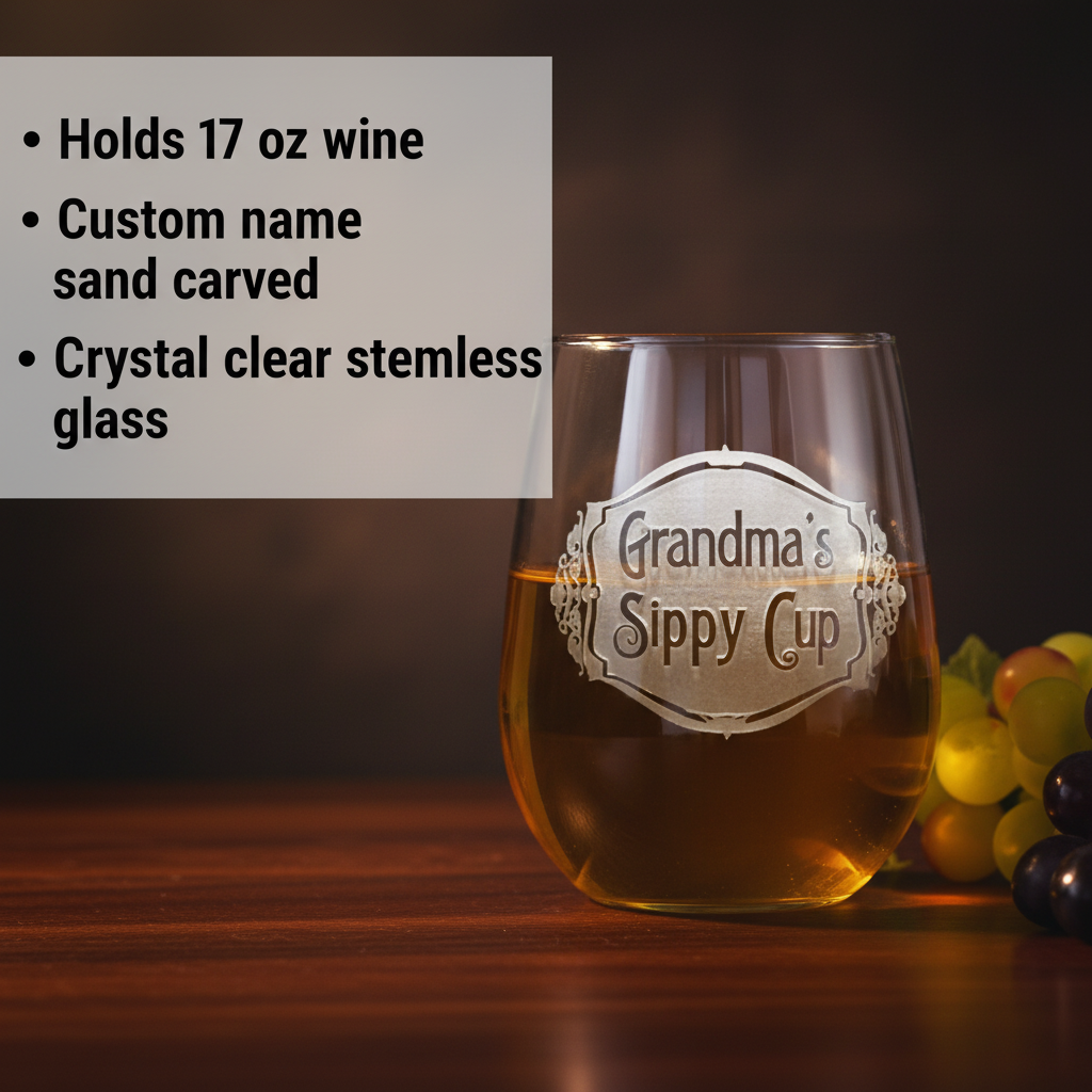 Stemless wine glass with sample sand-carved engraving reading "Grandma's Sippy Cup" in decorative font, filled with amber liquid and surrounded by grapes on wooden surface.