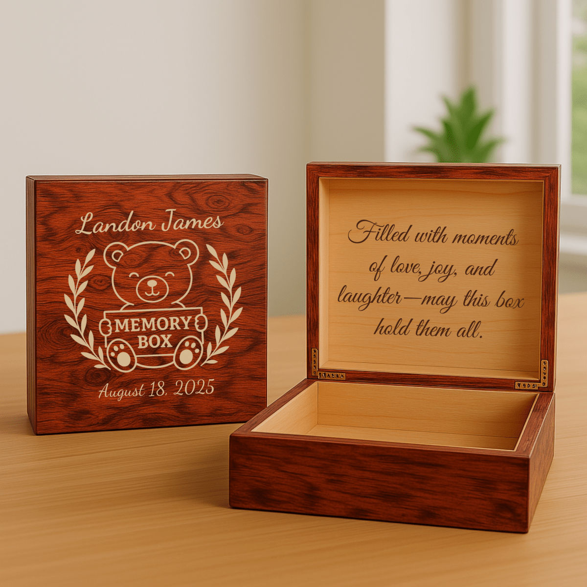 Custom wooden baby keepsake box with engraved name, birthdate, and message—perfect for storing newborn mementos and memories