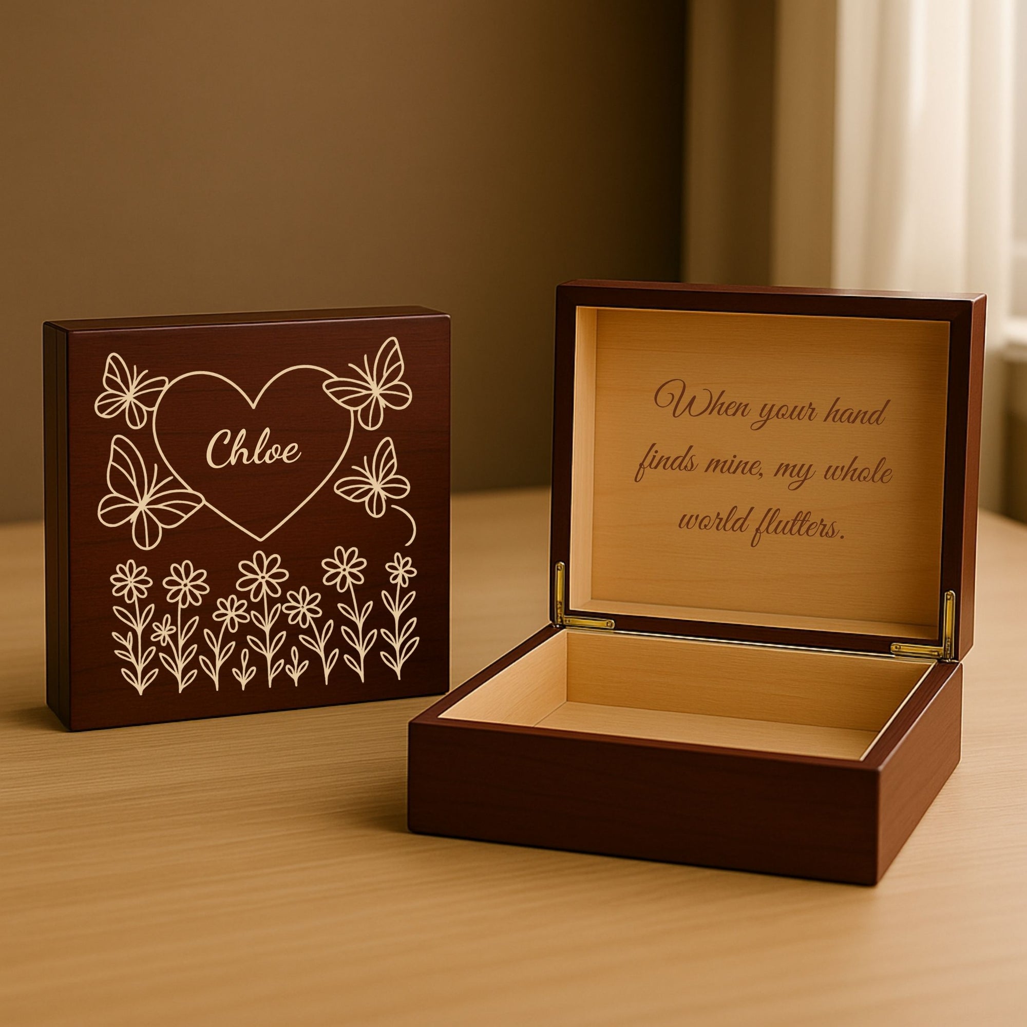 Custom Love Keepsake Box with Personalized Engraving in White, Teal, or Cherry Finish