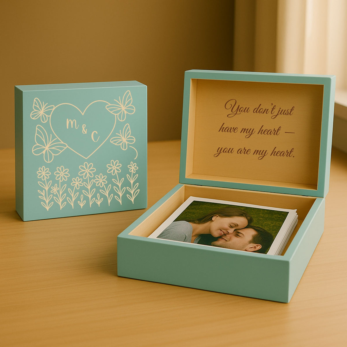 Custom Love Keepsake Box with Personalized Engraving in White, Teal, or Cherry Finish