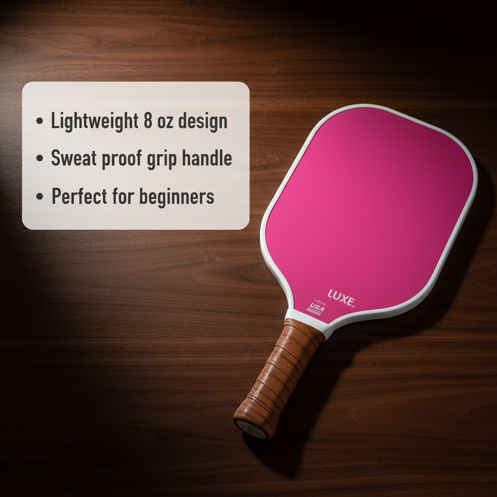Hot pink pickleball paddle with white edge trim, brown wrapped handle, and LUXE branding visible on the face