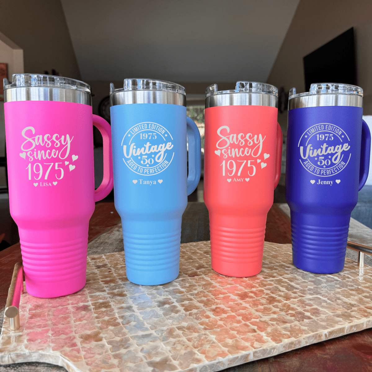 &quot;Golden Jubilee Mega Tumbler of Love – 40 oz personalized stainless steel tumbler for a 50th birthday, available in 16 colors with &#39;Sassy Since 1975&#39; or &#39;Vintage 1975&#39; design options, includes lid and straw.&quot;