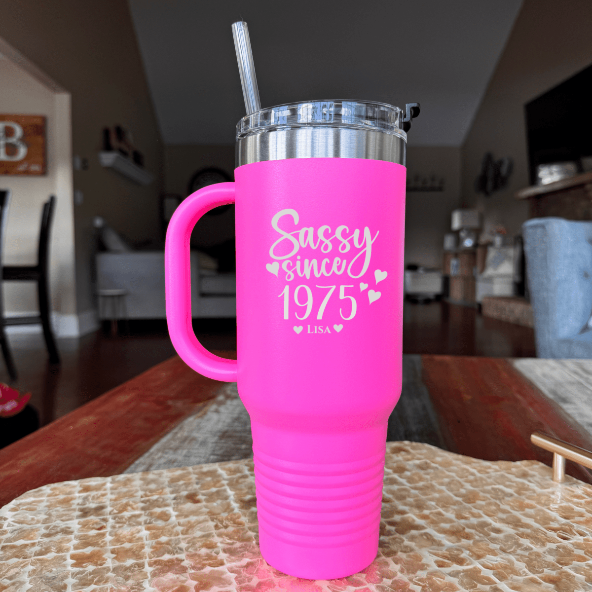 "Golden Jubilee Mega Tumbler of Love – 40 oz personalized stainless steel tumbler for a 50th birthday, available in 16 colors with 'Sassy Since 1975' or 'Vintage 1975' design options, includes lid and straw."