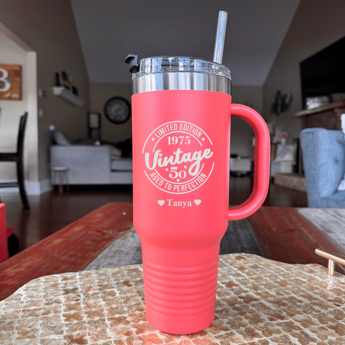 &quot;Golden Jubilee Mega Tumbler of Love – 40 oz personalized stainless steel tumbler for a 50th birthday, available in 16 colors with &#39;Sassy Since 1975&#39; or &#39;Vintage 1975&#39; design options, includes lid and straw.&quot;