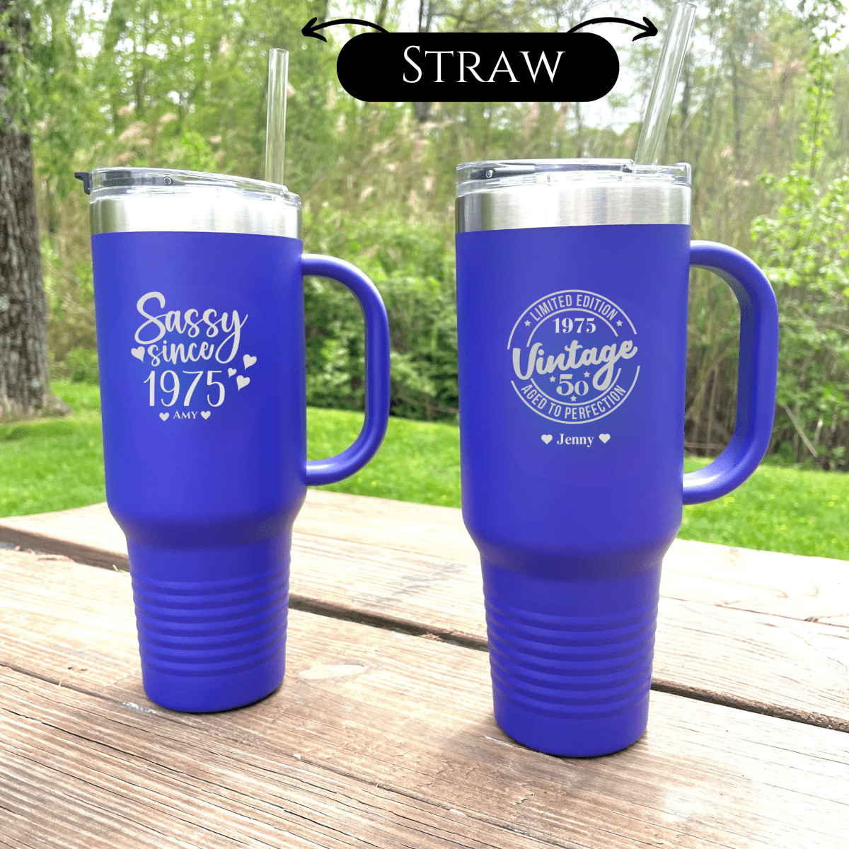 &quot;Golden Jubilee Mega Tumbler of Love – 40 oz personalized stainless steel tumbler for a 50th birthday, available in 16 colors with &#39;Sassy Since 1975&#39; or &#39;Vintage 1975&#39; design options, includes lid and straw.&quot;
