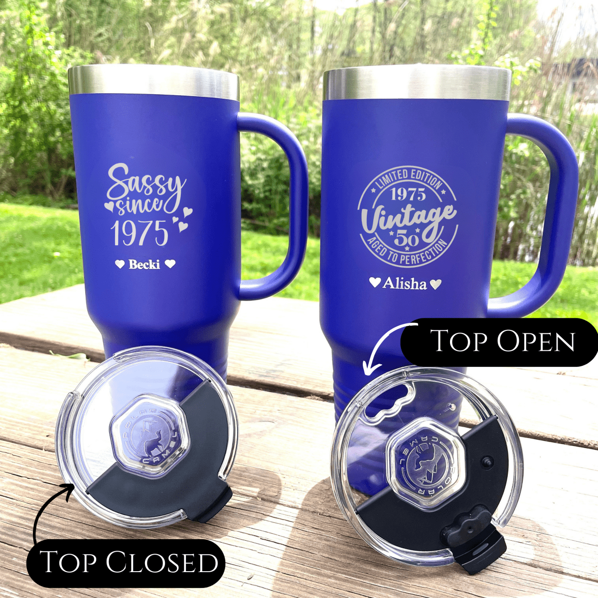 "Golden Jubilee Mega Tumbler of Love – 40 oz personalized stainless steel tumbler for a 50th birthday, available in 16 colors with 'Sassy Since 1975' or 'Vintage 1975' design options, includes lid and straw."