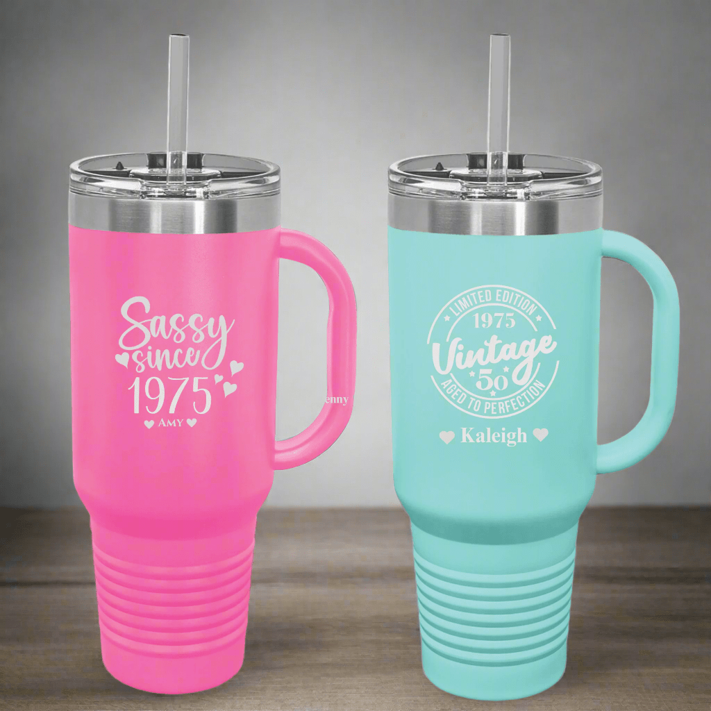 &quot;Golden Jubilee Mega Tumbler of Love – 40 oz personalized stainless steel tumbler for a 50th birthday, available in 16 colors with &#39;Sassy Since 1975&#39; or &#39;Vintage 1975&#39; design options, includes lid and straw.&quot;