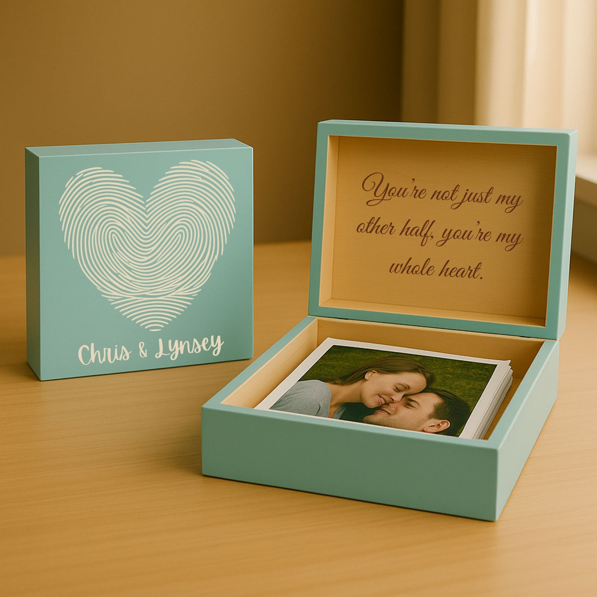 Custom Impression of Love Keepsake Box with Engraved Names and Heart Design for Her
