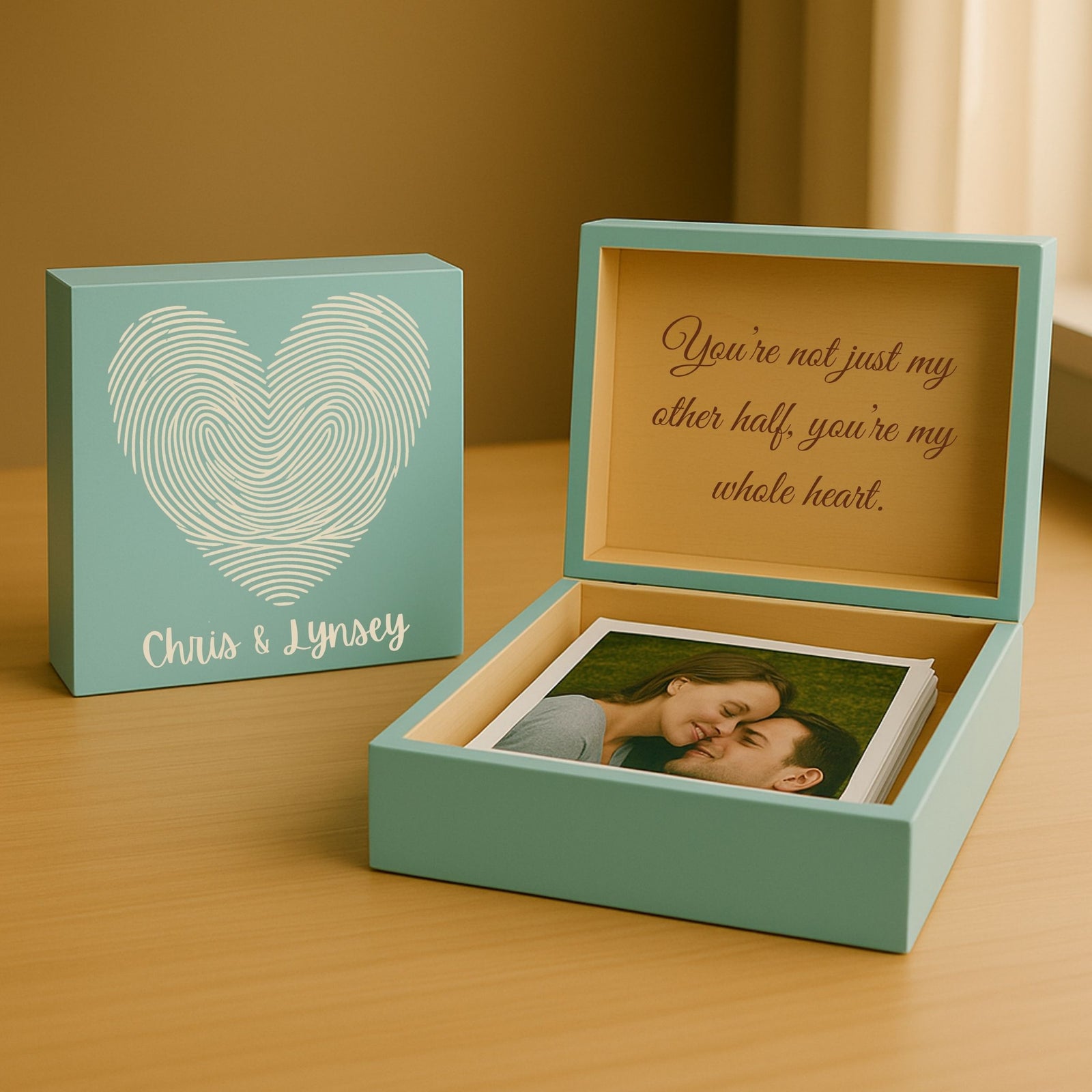 Custom Impression of Love Keepsake Box with Engraved Names and Heart Design for Her