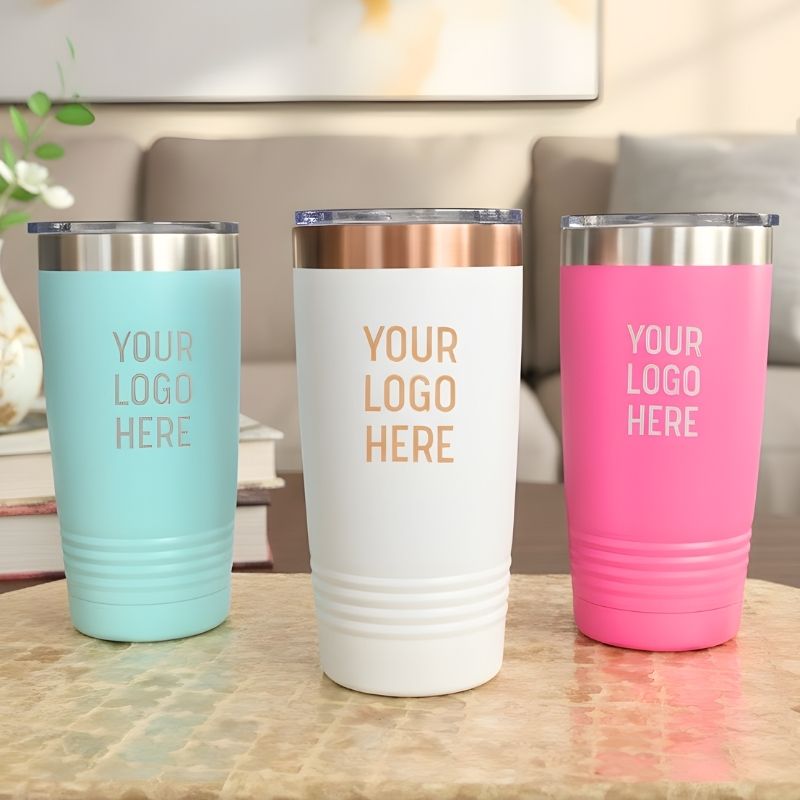 Three insulated tumblers in mint, white, and hot pink with stainless steel bands, each displaying sample "YOUR LOGO HERE" text laser-engraved on the colored sections