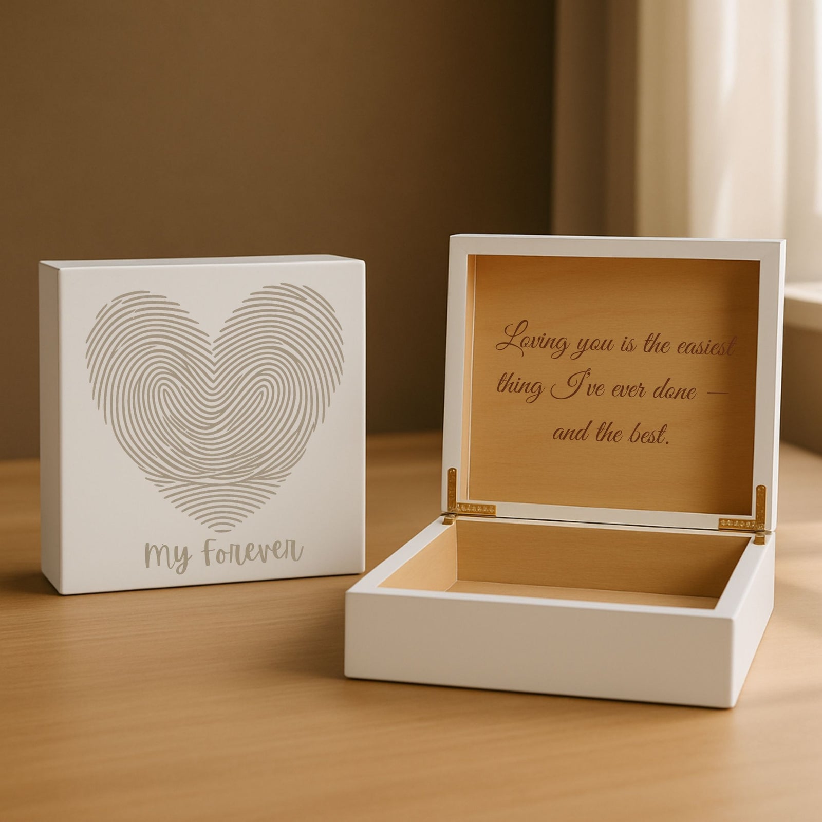 Custom Impression of Love Keepsake Box with Engraved Names and Heart Design for Her