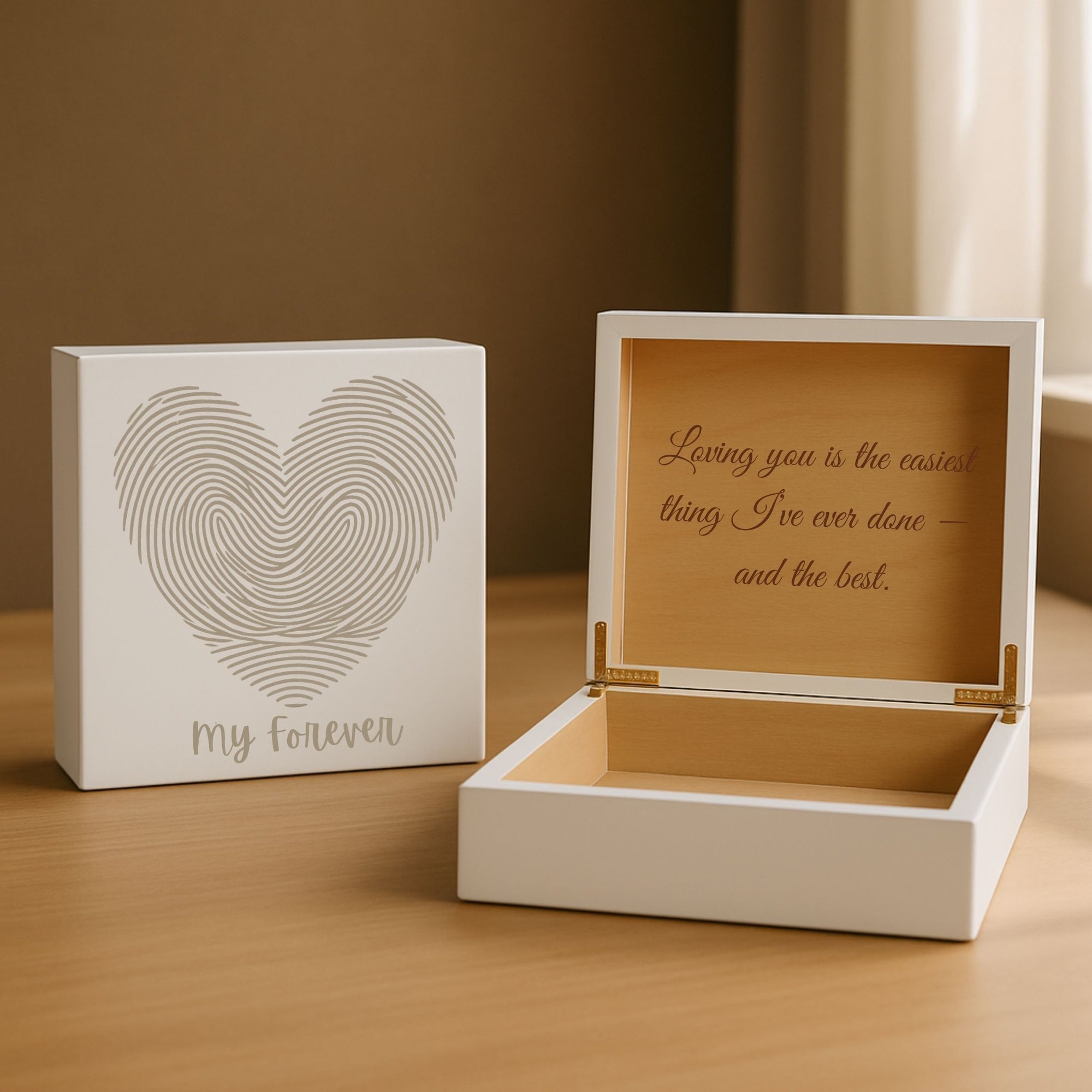 Custom Impression of Love Keepsake Box with Engraved Names and Heart Design for Her