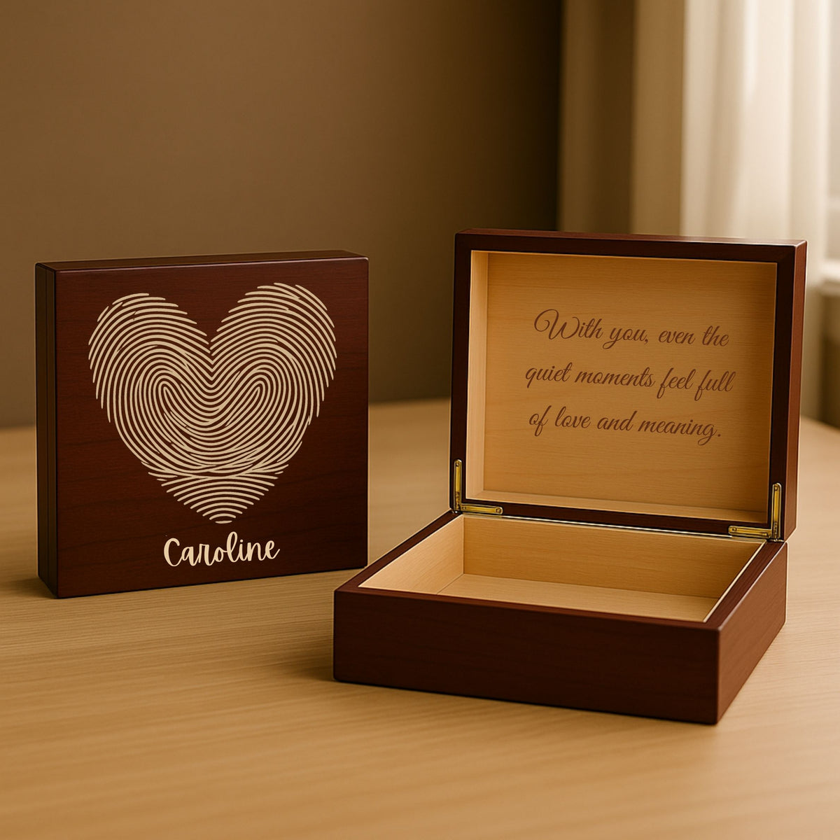 Custom Impression of Love Keepsake Box with Engraved Names and Heart Design for Her