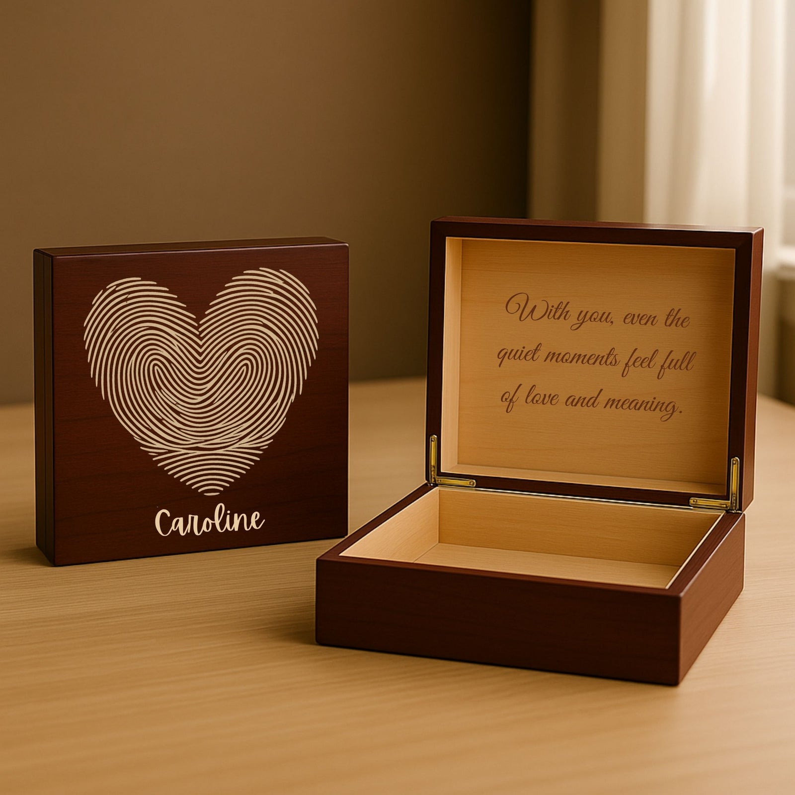 Custom Impression of Love Keepsake Box with Engraved Names and Heart Design for Her