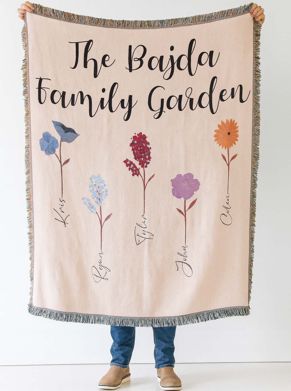 Personalized blanket with floral designs with family garden and childrens names on a bed in a bedroom setting