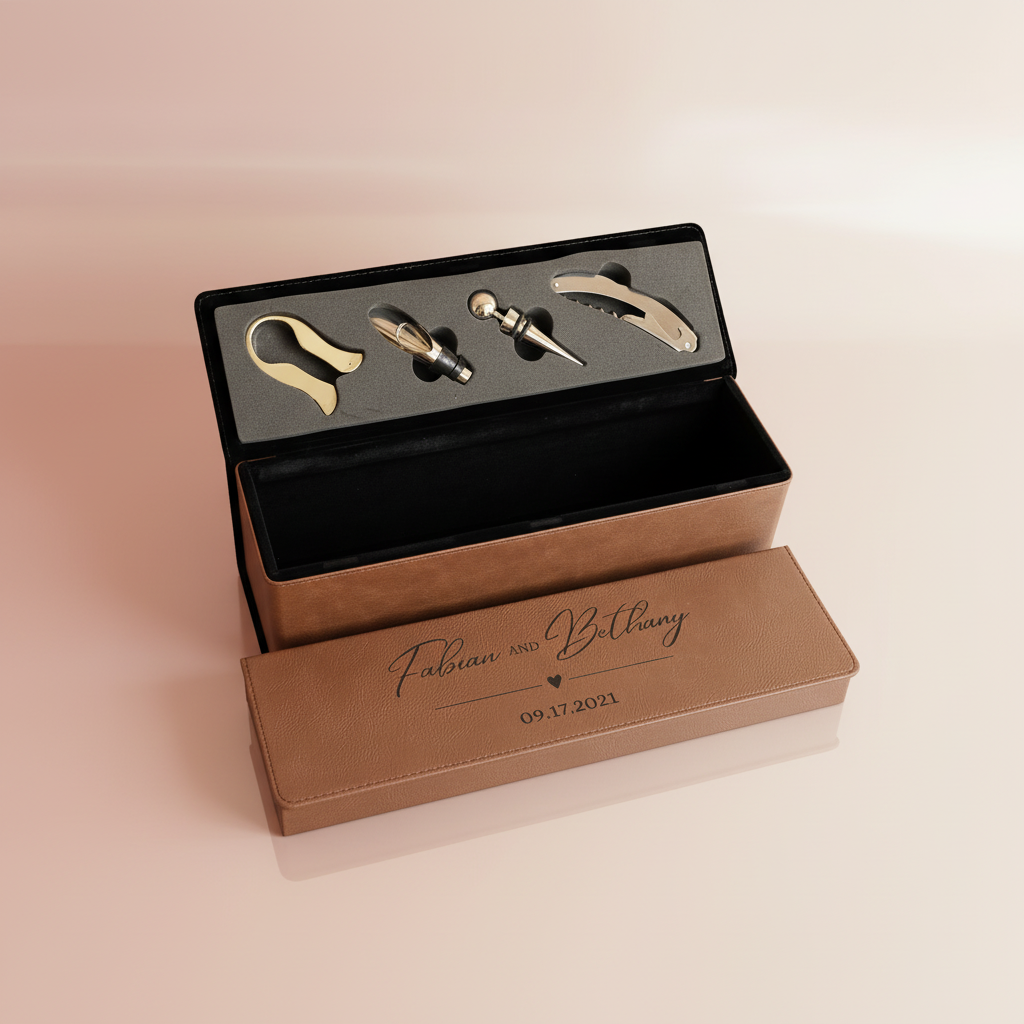 Tan leather wine box with laser-engraved sample text "Fabian and Bethany" and date "09.17.2021", open to reveal four gold wine tools nested in gray foam insert.