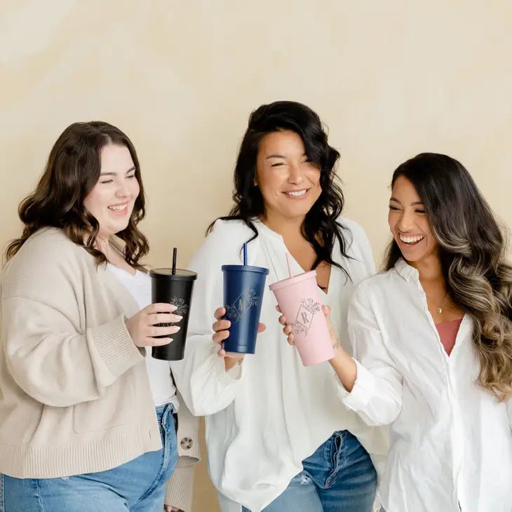 Monogrammed Initial Steel Floral Tumbler with Straw