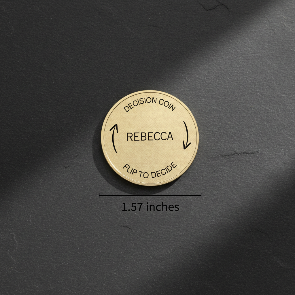 Brass decision coin engraved with sample name "REBECCA" and text "Decision Coin" and "Flip to Decide", shown at 1.57 inches diameter on dark background