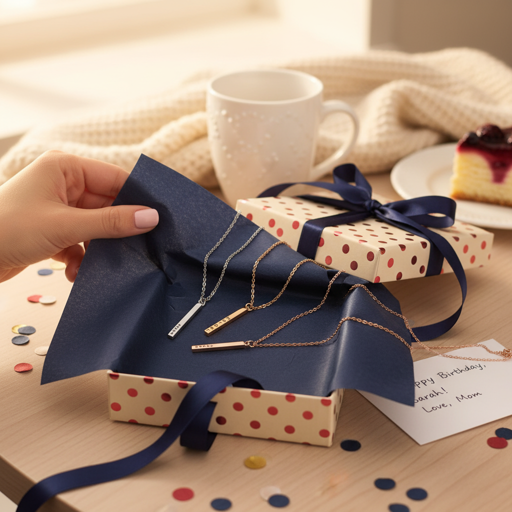 Navy silk pouch open to reveal three sample nameplate bar necklaces in silver, gold, and rose gold finishes displayed on dark blue fabric with polka-dot gift box nearby.