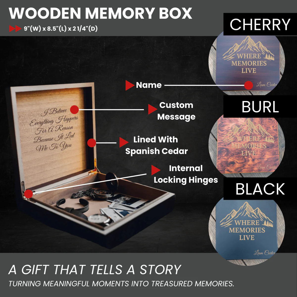 Personalized wooden memory box for women with engraved name, dates, and heartfelt message