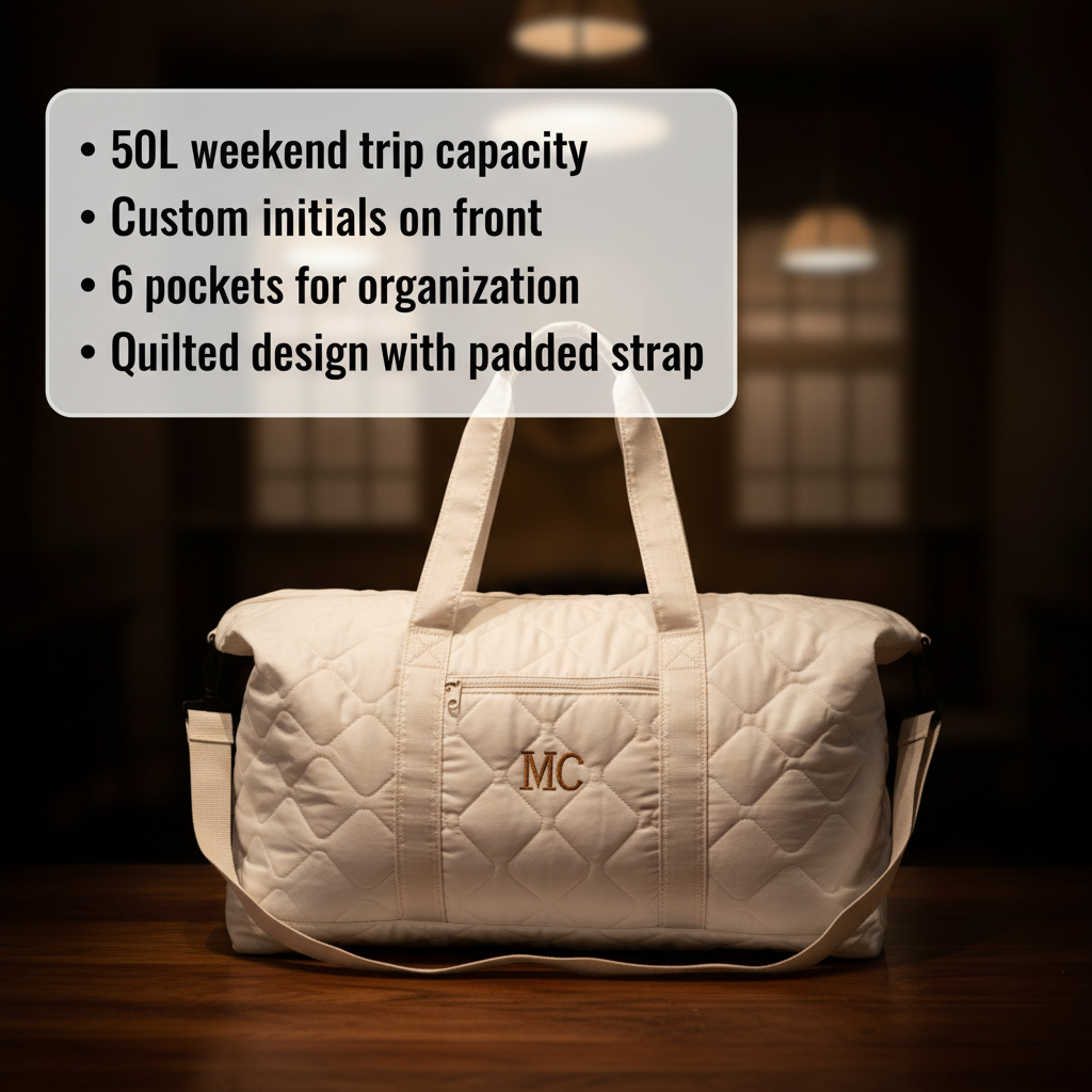 Cream quilted duffel bag with sample initials "MC" embroidered on front, displayed from front view showing padded handles and quilted diamond pattern.