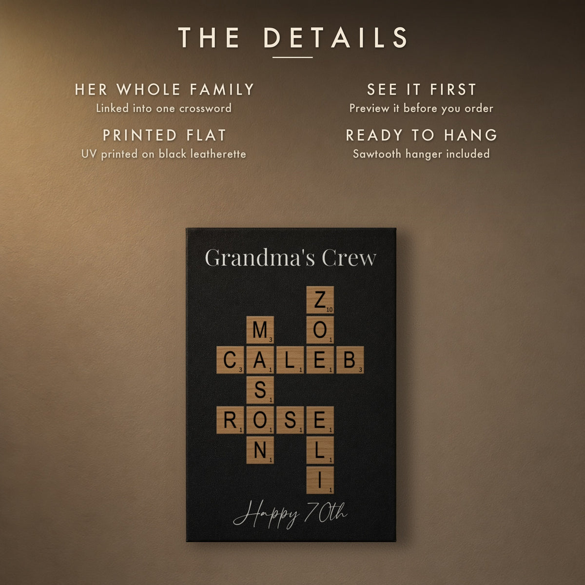 The details of the 70th birthday crossword sign: her whole family linked into one crossword, preview first, UV printed, sawtooth hanger included