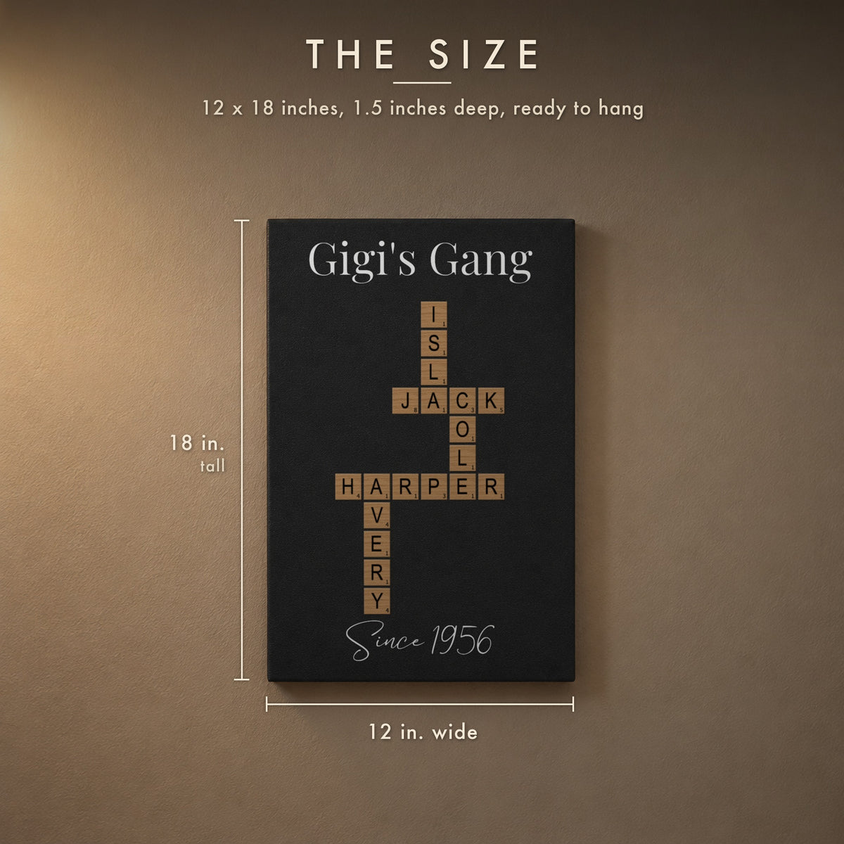 70th birthday crossword wall sign size: 12 inches wide, 18 inches tall and 1.5 inches deep, shown with a Gigi's Gang crossword and Since 1956