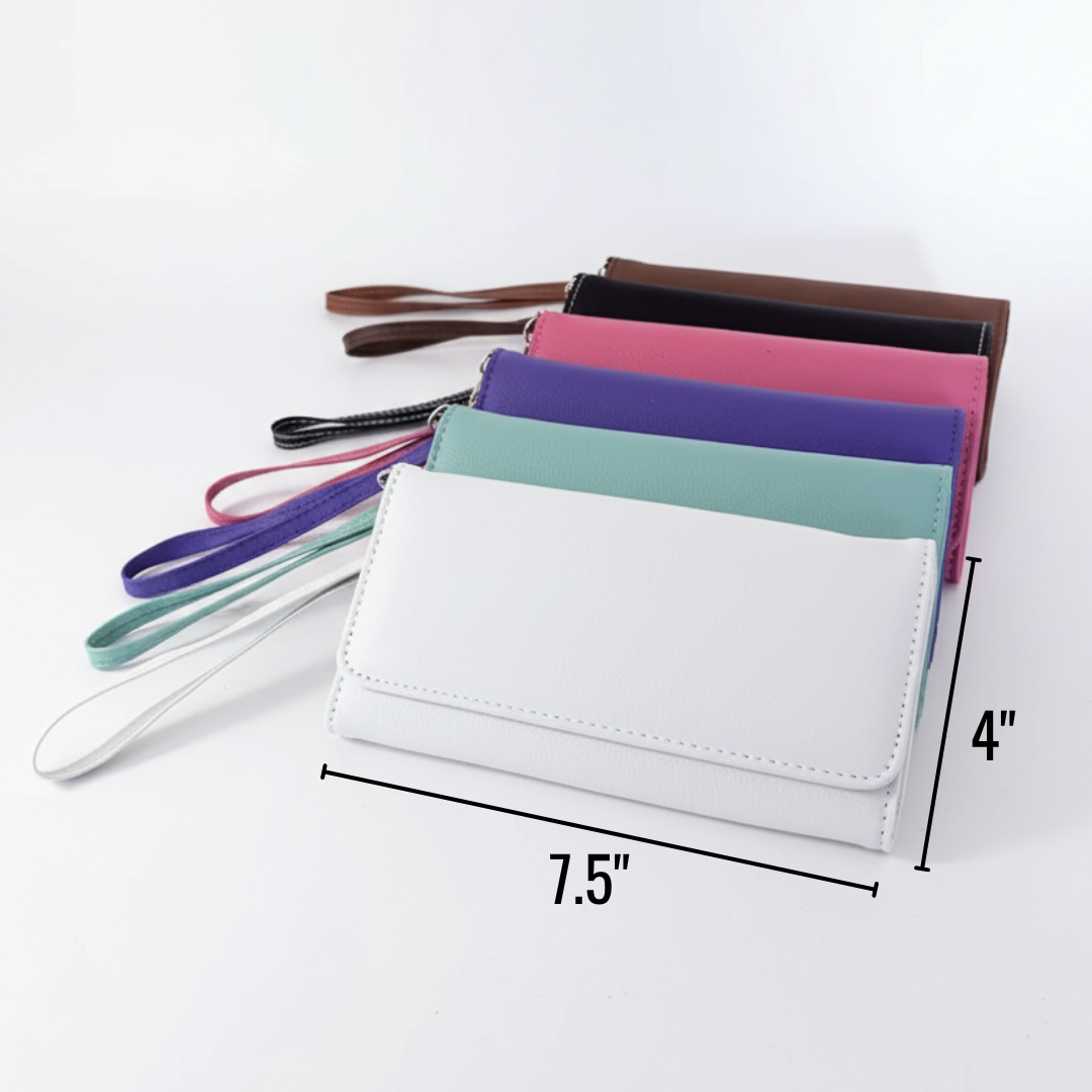 Personalized wristlet shown flat with dimensions of 7.5 inches wide by 4 inches tall, next to the full range of colour options.