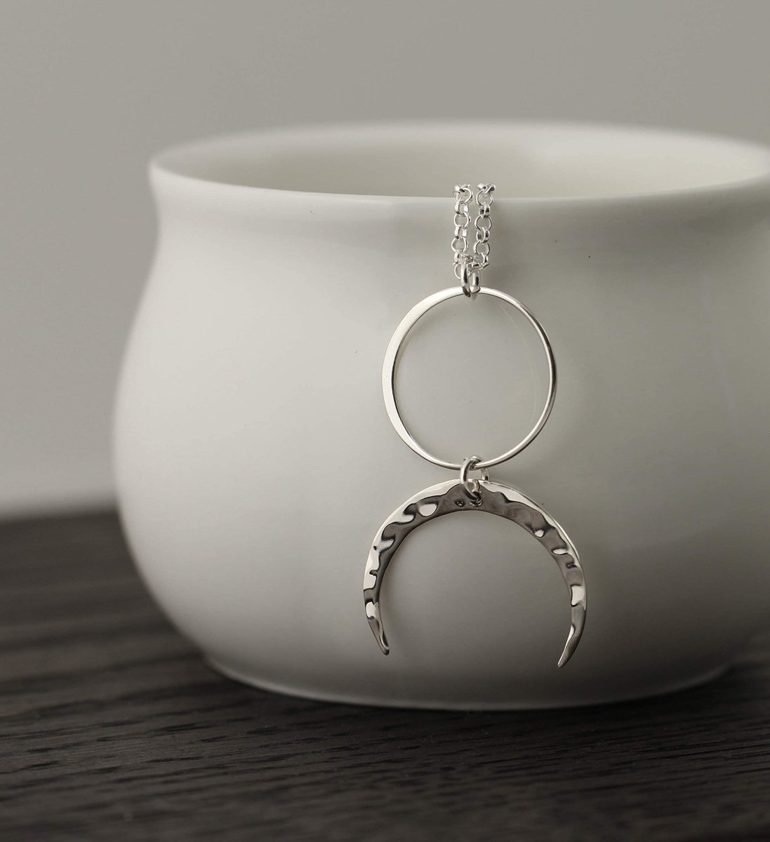Personalized Two Cups Circle and Hammered Crescent Moon Necklace • Modern Minimalist Jewelry • Simple Feminine • Full Moon Half Moon Pendant • Goddess Necklace for her, Customized Gifts for Women by Groovy Girl Gifts