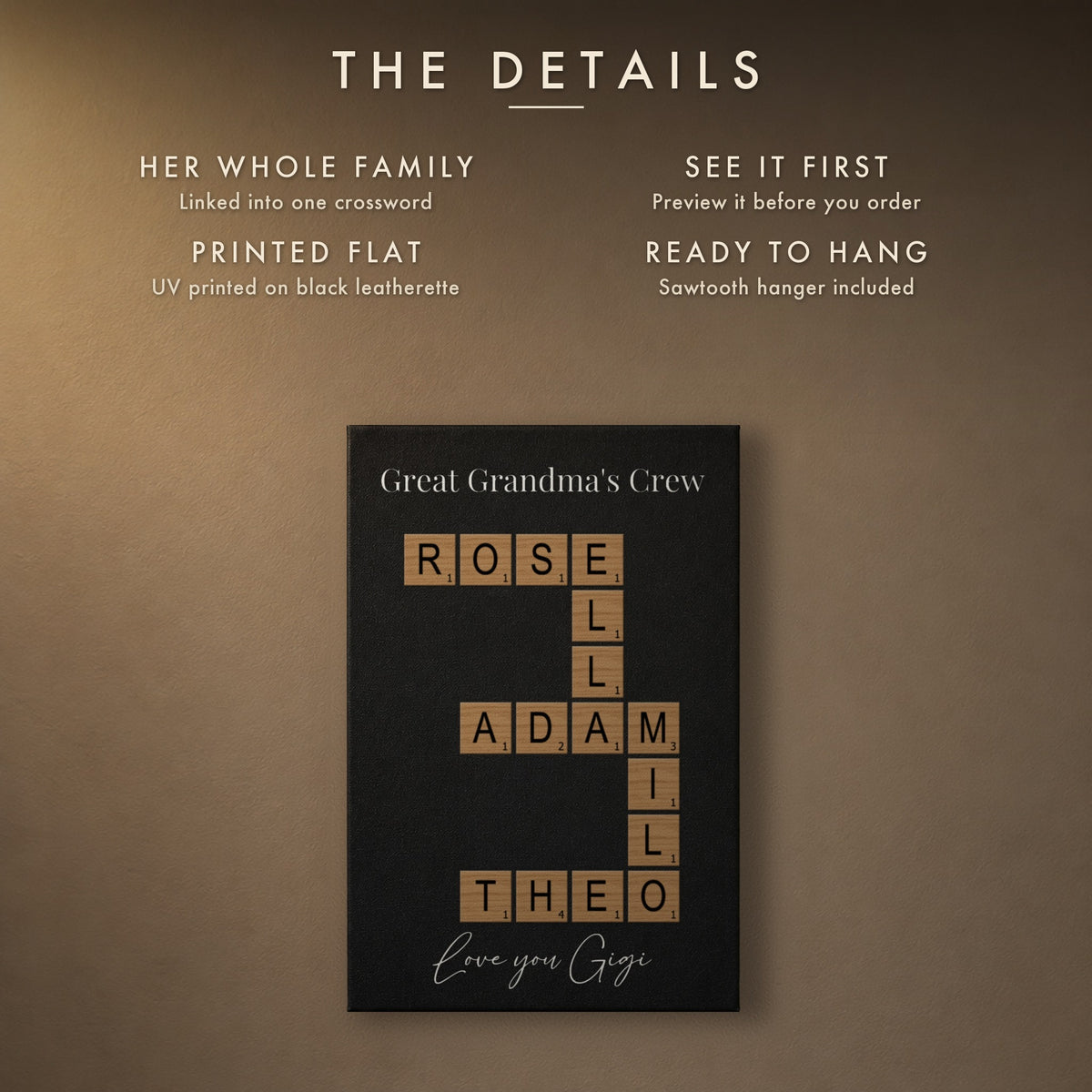 The details of the 80th birthday crossword sign: her whole family linked into one crossword, preview first, UV printed, sawtooth hanger included