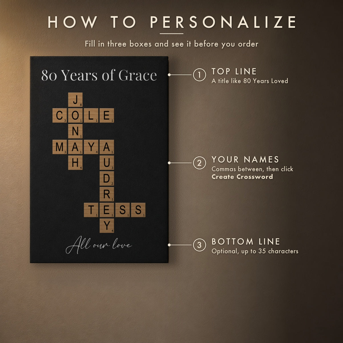 How to personalize the 80th birthday crossword sign: add a top line, type every name with commas and click Create Crossword, then a bottom line