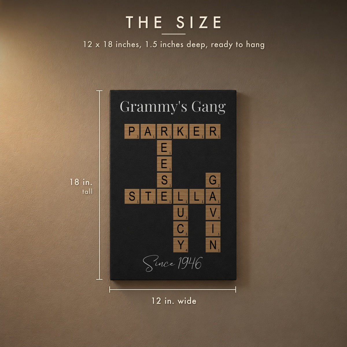 80th birthday crossword wall sign size: 12 inches wide, 18 inches tall and 1.5 inches deep, shown with a Grammy's Gang crossword and Since 1946