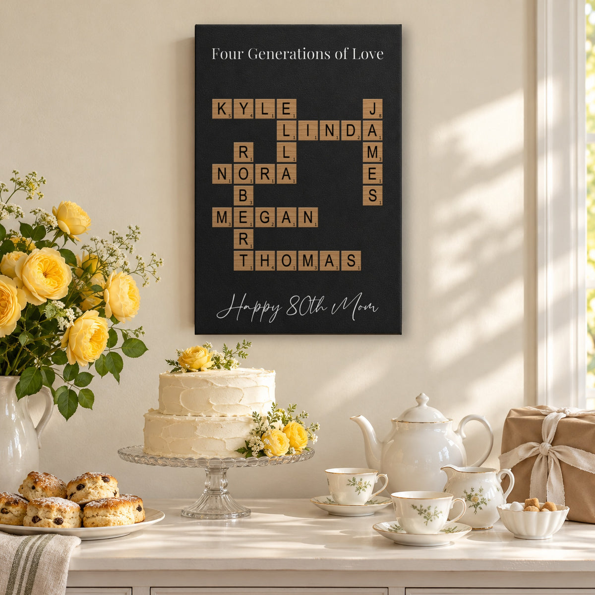 80th birthday gift for Mom: a Four Generations of Love crossword sign with Happy 80th Mom above a birthday cake, tea set and yellow roses