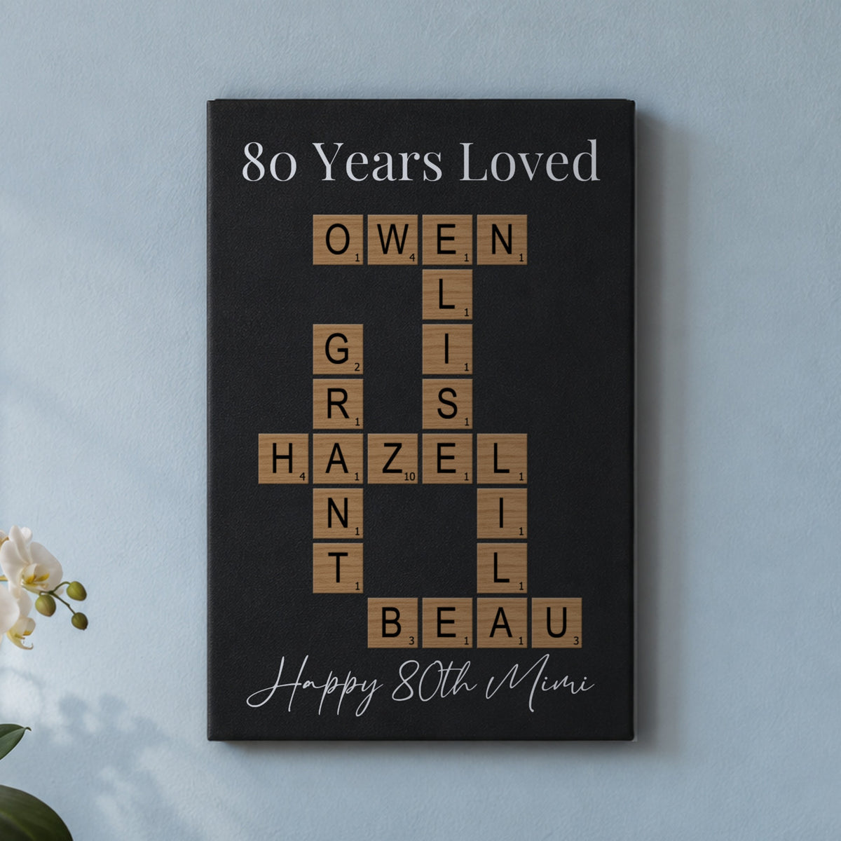 80th birthday gift for women: an 80 Years Loved crossword sign with the grandkids' names and Happy 80th Mimi, hanging on a powder blue wall