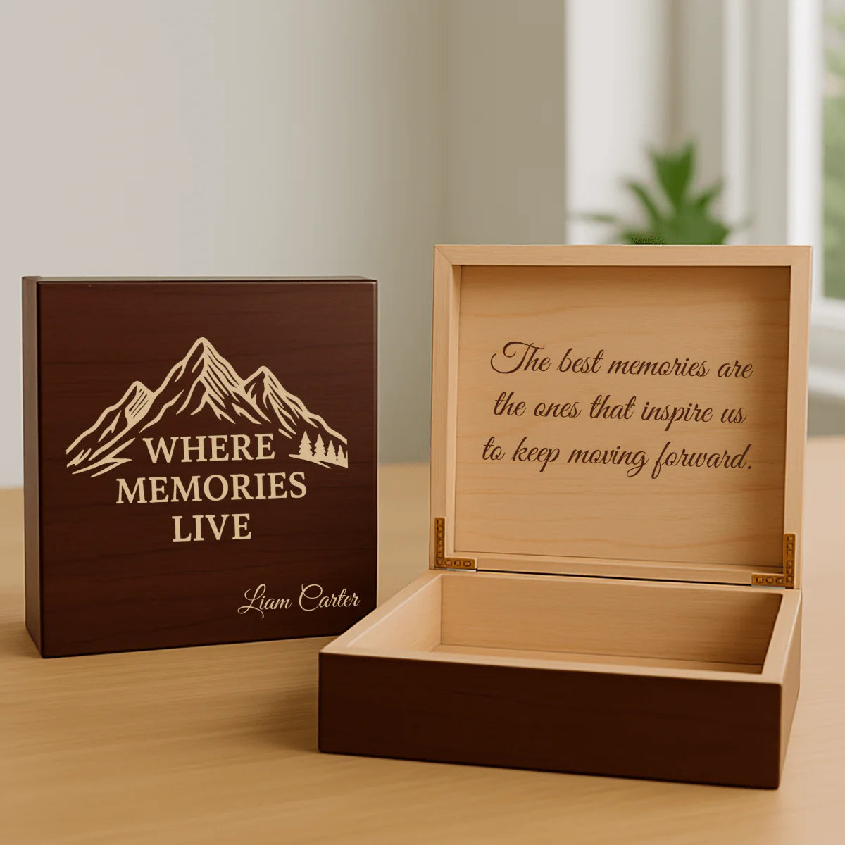 Personalized wooden memory box for women with engraved name, dates, and heartfelt message