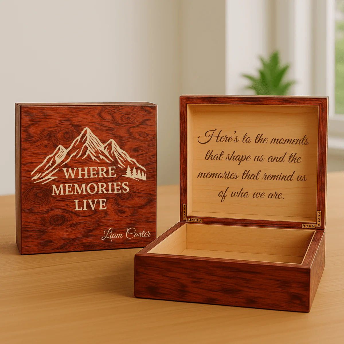 Personalized wooden memory box for women with engraved name, dates, and heartfelt message