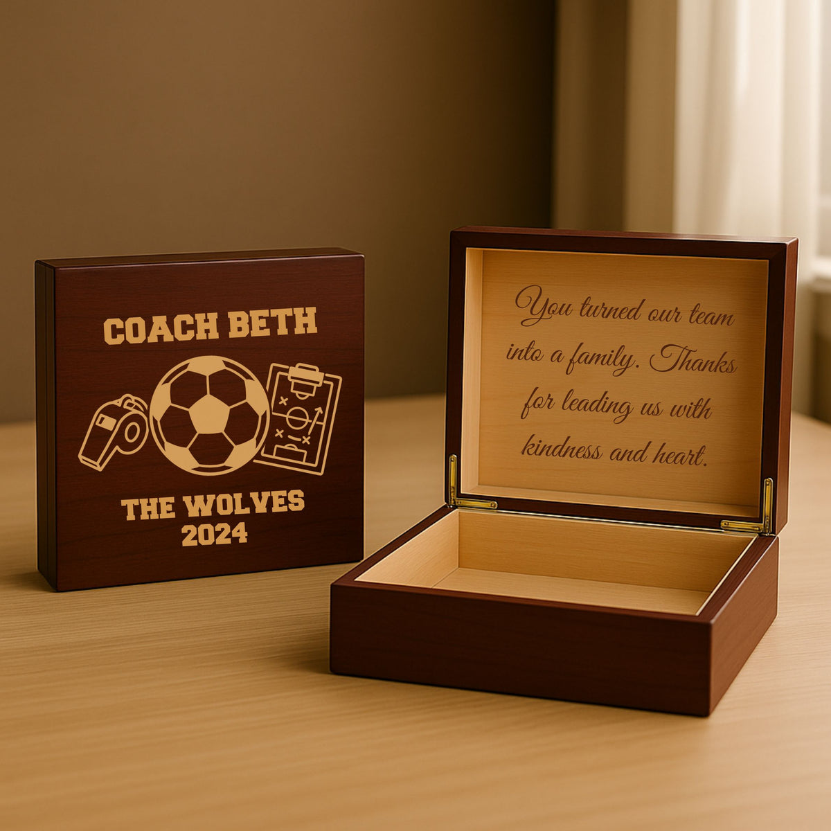 Custom engraved soccer coach keepsake box gift with personalized message inside