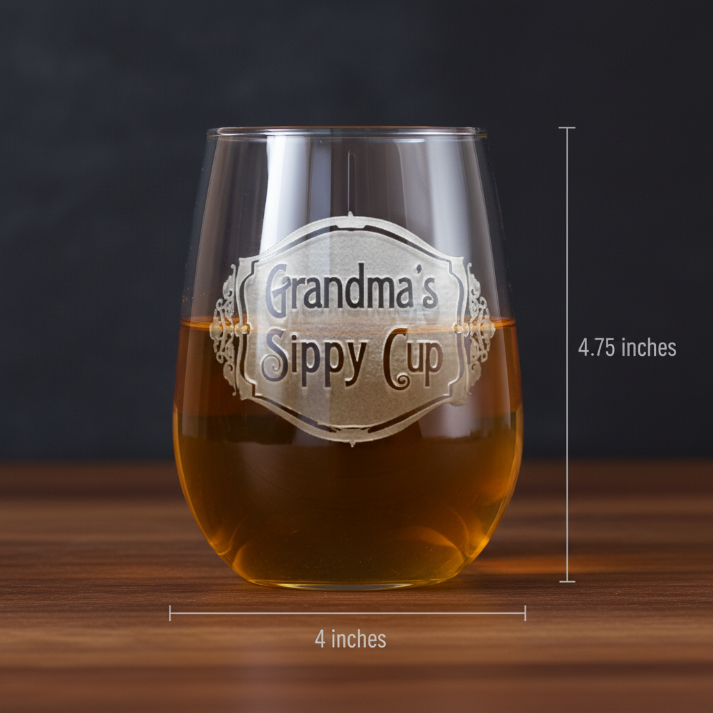 Stemless wine glass with sand-carved "Grandma's Sippy Cup" text in decorative badge, filled with amber liquid, shown with dimensions 4 inches wide by 4.75 inches tall