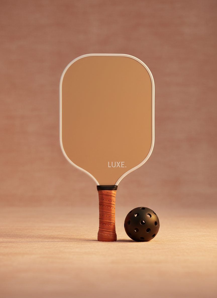 Tan pickleball paddle with white edge trim and wrapped wood-grain handle, displayed next to a black perforated ball against a neutral beige background.